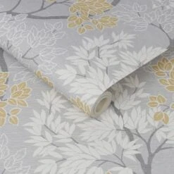 Lykke Tree Wallpaper - Ochre -White And Silver Furniture Store 352435 lykke tree wallpaper 2