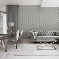 Giorgio Greek Key Wallpaper - Soft Silver