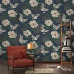 Flying Cranes Navy Wallpaper